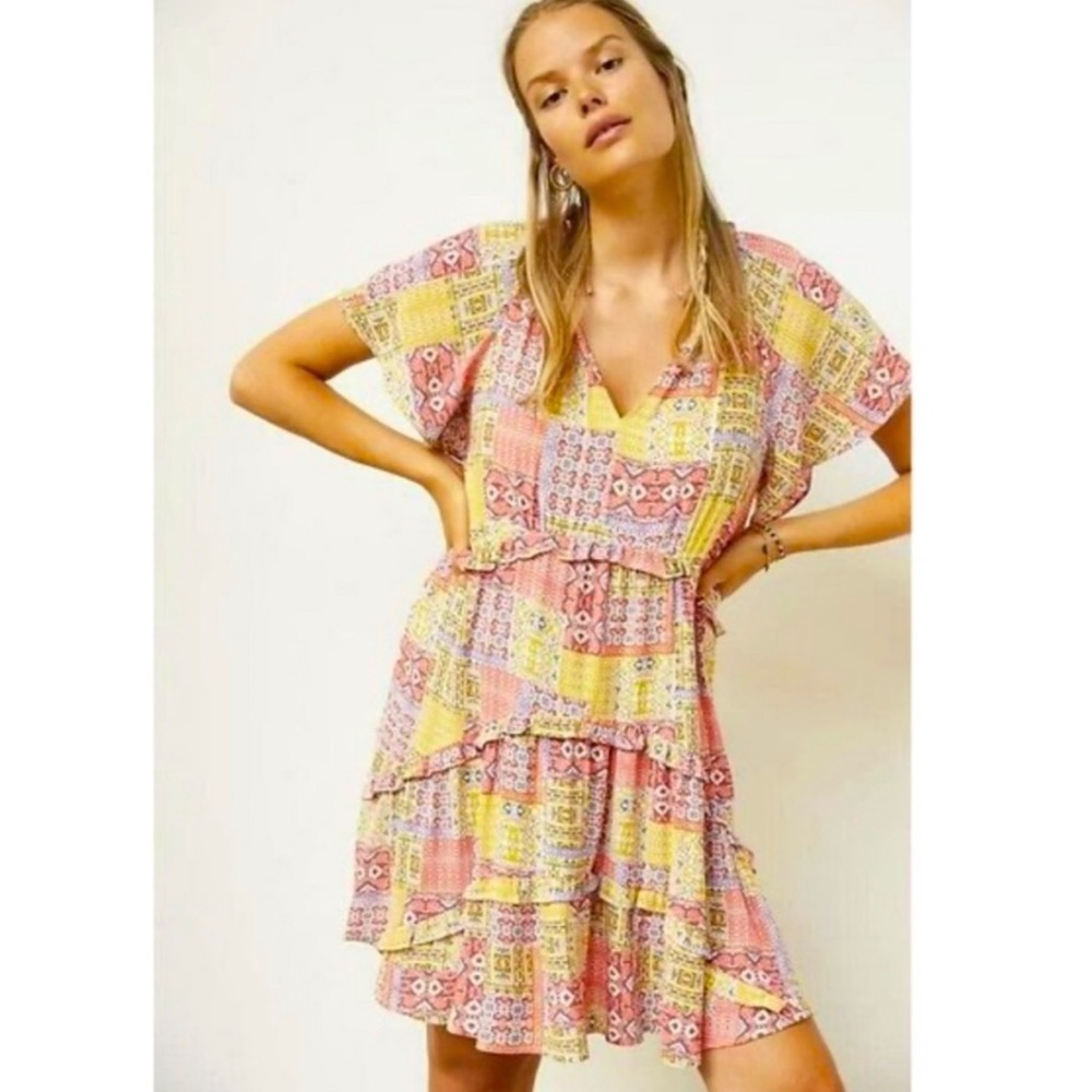 Anthropologie Robin Ruffle Tiered Mini Dress Small Pink & Yellow